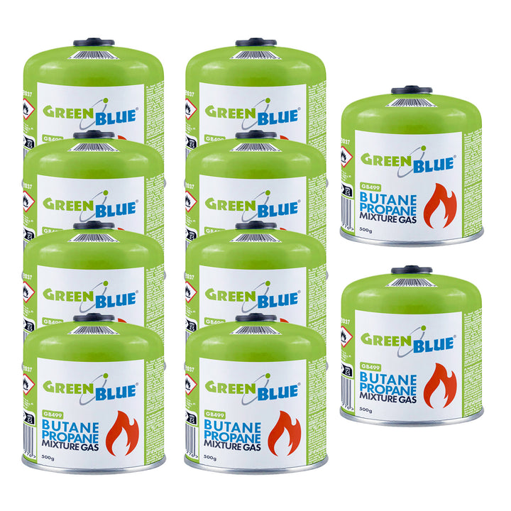 10 gaspatronen van 500 g van GreenBlue. Certificaat: Pi 0437, voldoet aan EN 417, butaan-propaan, temperatuurbereik -10 °C tot +40 °C, schroefdraadklep 7/16'' GB499