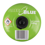 12 gaspatronen van 500 g GreenBlue. Certificaat: Pi 0437, voldoet aan EN 417, butaan-propaan, temperatuurbereik -10 °C tot +40 °C, schroefdraadventiel 7/16'' GB499