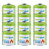 12 gaspatronen van 500 g GreenBlue. Certificaat: Pi 0437, voldoet aan EN 417, butaan-propaan, temperatuurbereik -10 °C tot +40 °C, schroefdraadventiel 7/16'' GB499