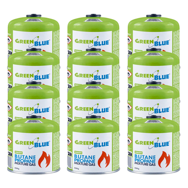 12 gaspatronen van 500 g GreenBlue. Certificaat: Pi 0437, voldoet aan EN 417, butaan-propaan, temperatuurbereik -10 °C tot +40 °C, schroefdraadventiel 7/16'' GB499