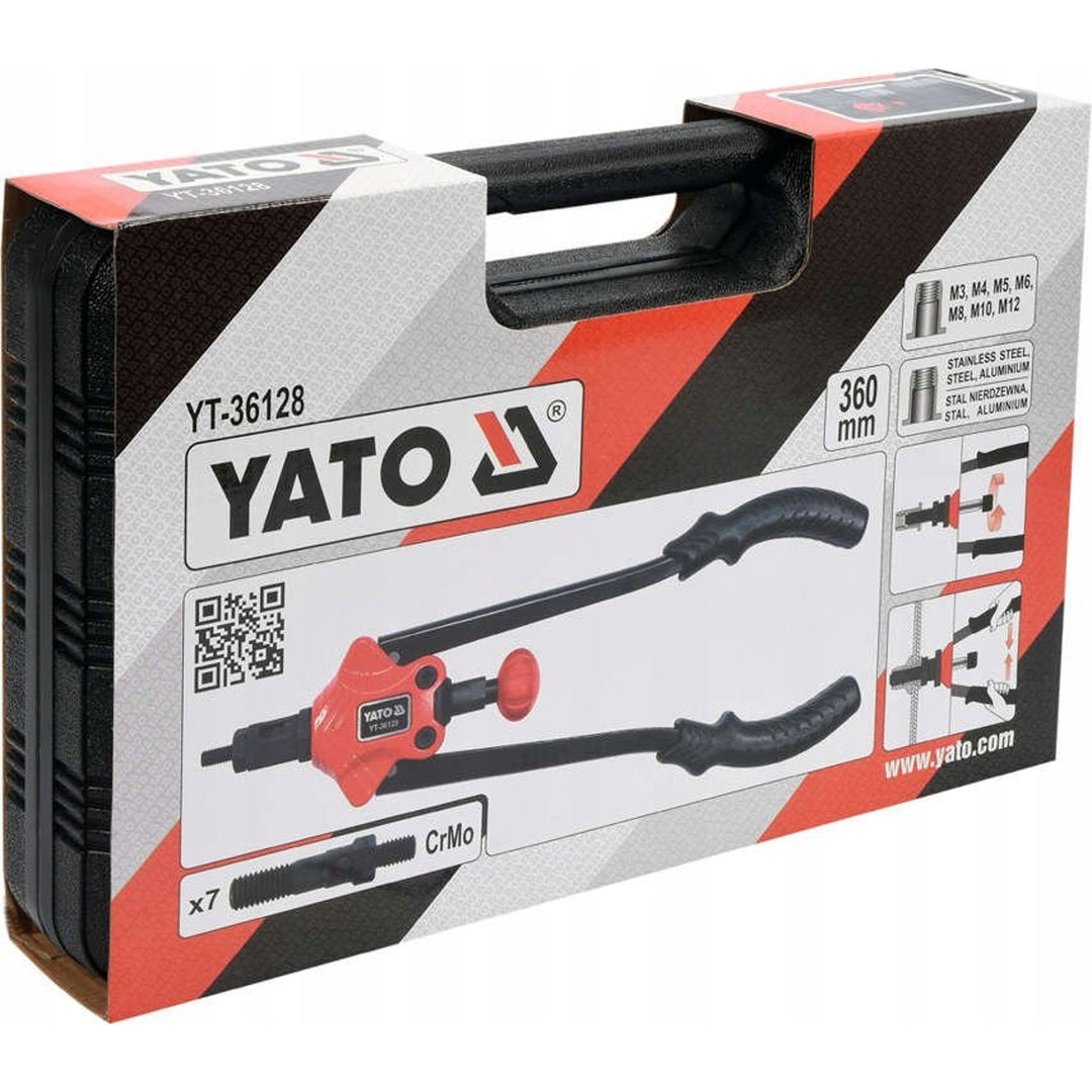 Yato handklinkmachine, voor klinkmoeren in de maten M3-M12, antisliphandgreep, koppen van duurzaam CrMo-staal, YT-36128