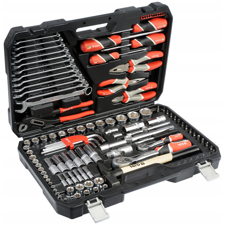 Professionele gereedschapsset van Yato, 122-delig (dopsleutels, doppen, schroevendraaiers, hamer), schroevendraaiers met magnetische en geharde punten, YT-38901