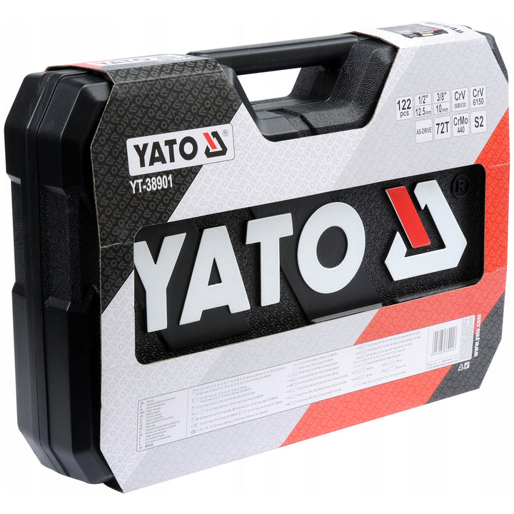 Professionele gereedschapsset van Yato, 122-delig (dopsleutels, doppen, schroevendraaiers, hamer), schroevendraaiers met magnetische en geharde punten, YT-38901