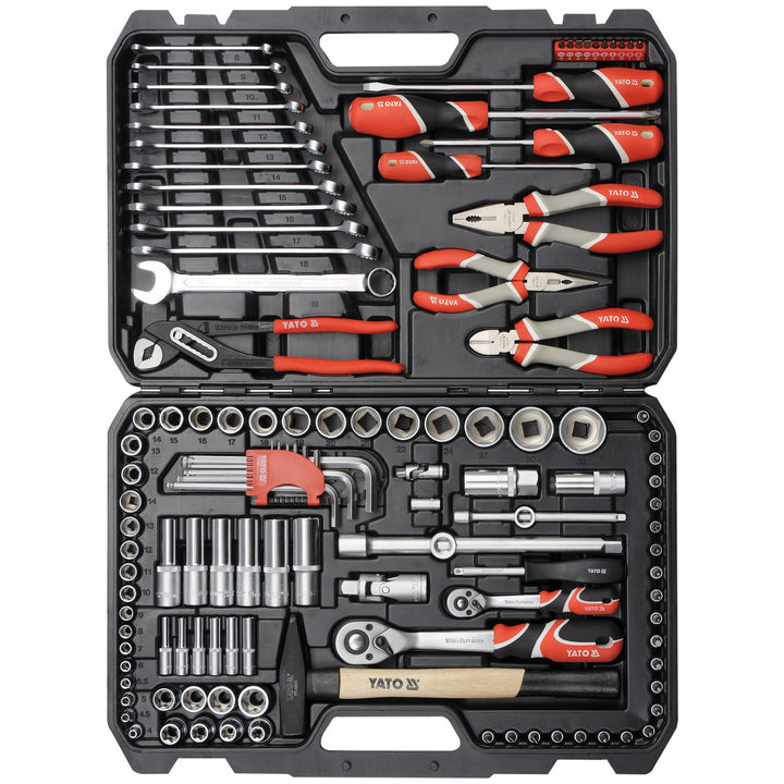 Professionele gereedschapsset van Yato, 122-delig (dopsleutels, doppen, schroevendraaiers, hamer), schroevendraaiers met magnetische en geharde punten, YT-38901