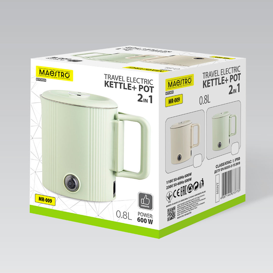 Maestro waterkoker / reispan, 2-in-1, inhoud 0,8 l, vermogen 600 W, inklapbaar handvat, schakelaar voor 110 V/230 V, kleur mint, MR-009-MINT