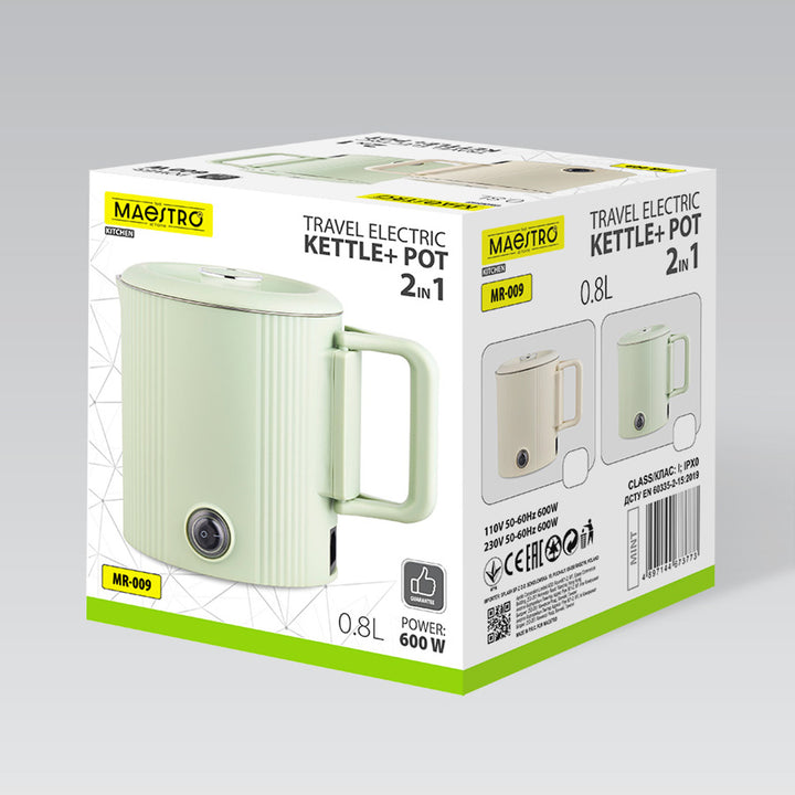Maestro waterkoker / reispan, 2-in-1, inhoud 0,8 l, vermogen 600 W, inklapbaar handvat, schakelaar voor 110 V/230 V, kleur mint, MR-009-MINT
