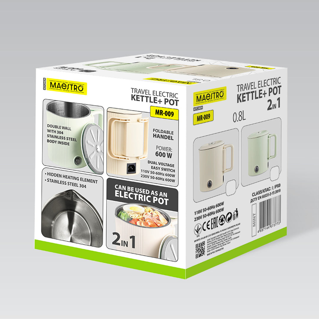 Maestro waterkoker / reispan, 2-in-1, inhoud 0,8 l, vermogen 600 W, inklapbaar handvat, schakelaar voor 110 V/230 V, kleur mint, MR-009-MINT