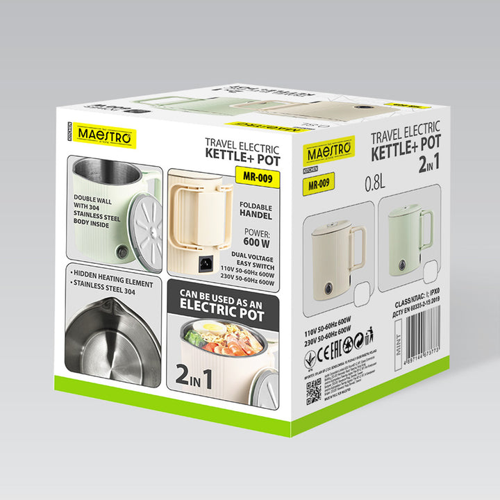 Maestro waterkoker / reispan, 2-in-1, inhoud 0,8 l, vermogen 600 W, inklapbaar handvat, schakelaar voor 110 V/230 V, kleur mint, MR-009-MINT