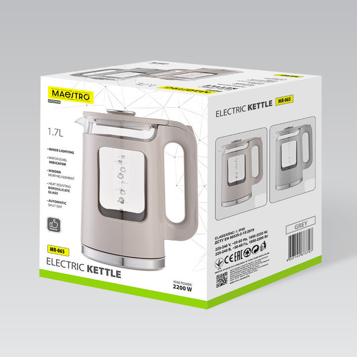 Maestro glazen waterkoker, inhoud 1,7 l, vermogen 2200 W, waterpeilindicator, led-verlichting, draaibare voet, kleur grijs, MR-065-GREY