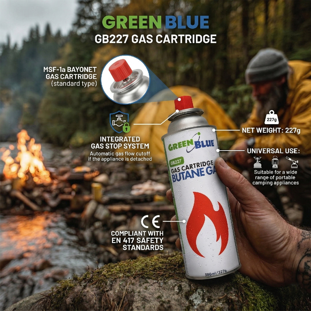 56x GreenBlue-gaspatroon van 227 g. Certificaat: Pi 0875, voldoet aan de norm EN417, butaan, gebruiksbereik -10 °C tot +40 °C, GB227