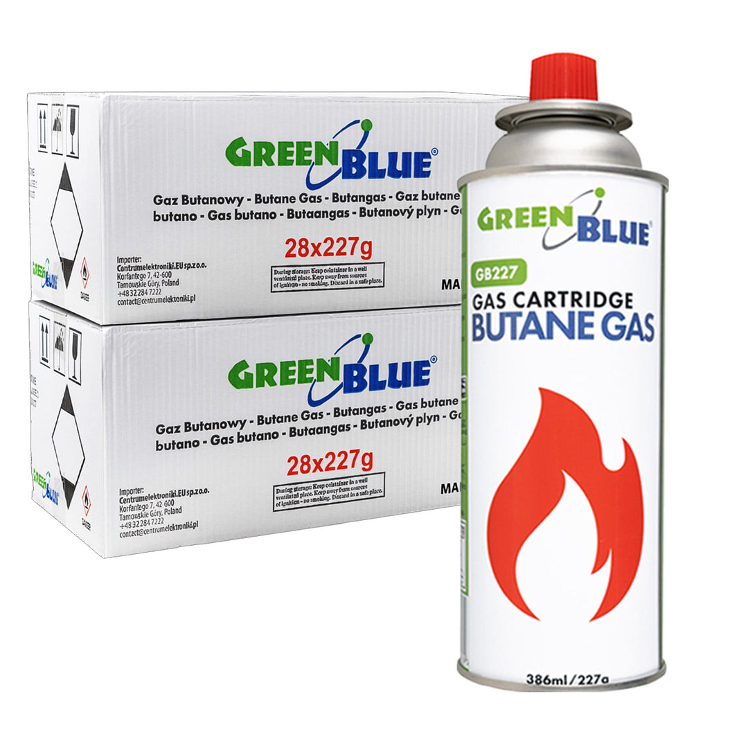 56x GreenBlue-gaspatroon van 227 g. Certificaat: Pi 0875, voldoet aan de norm EN417, butaan, gebruiksbereik -10 °C tot +40 °C, GB227