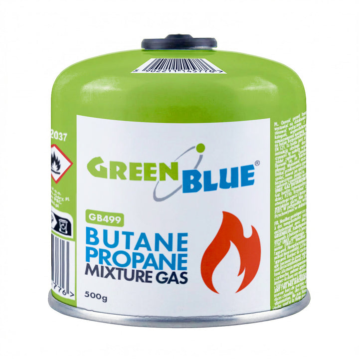 24 stuks GreenBlue-gaspatronen van 500 g. Certificaat: Pi 0437, conform EN 417, butaan-propaan, temperatuurbereik -10 °C tot +40 °C, schroefdraadventiel 7/16'' GB499