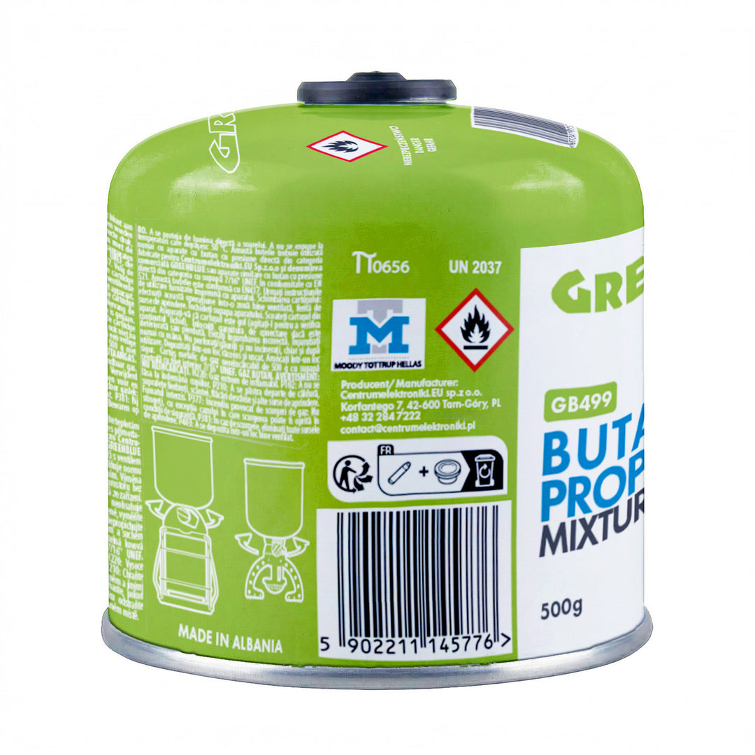 24 stuks GreenBlue-gaspatronen van 500 g. Certificaat: Pi 0437, conform EN 417, butaan-propaan, temperatuurbereik -10 °C tot +40 °C, schroefdraadventiel 7/16'' GB499