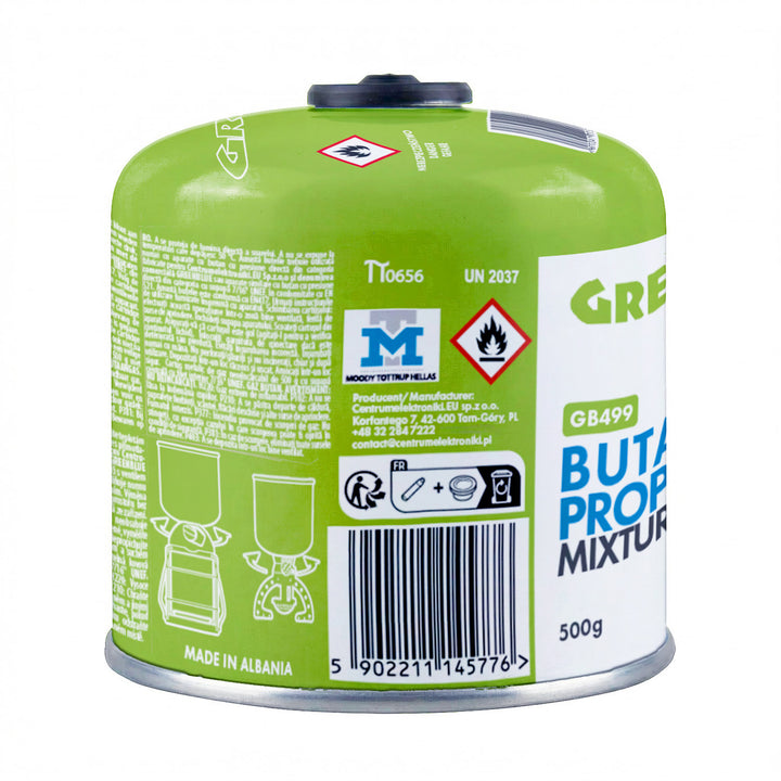 24 stuks GreenBlue-gaspatronen van 500 g. Certificaat: Pi 0437, conform EN 417, butaan-propaan, temperatuurbereik -10 °C tot +40 °C, schroefdraadventiel 7/16'' GB499