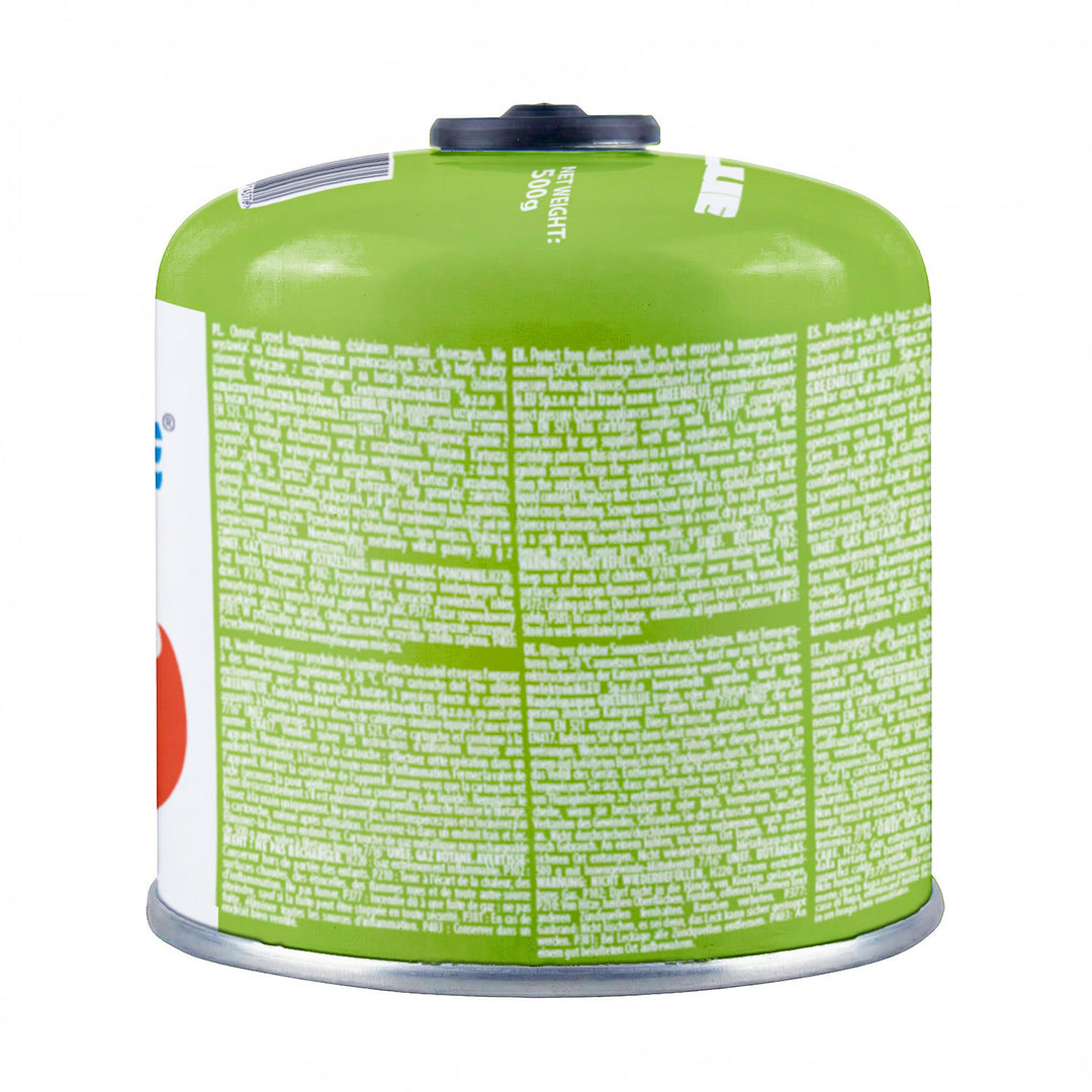24 stuks GreenBlue-gaspatronen van 500 g. Certificaat: Pi 0437, conform EN 417, butaan-propaan, temperatuurbereik -10 °C tot +40 °C, schroefdraadventiel 7/16'' GB499