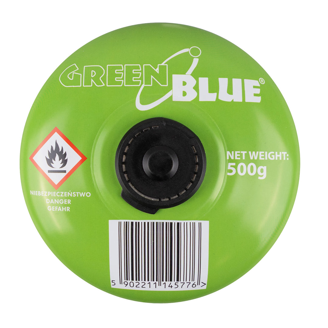 24 stuks GreenBlue-gaspatronen van 500 g. Certificaat: Pi 0437, conform EN 417, butaan-propaan, temperatuurbereik -10 °C tot +40 °C, schroefdraadventiel 7/16'' GB499