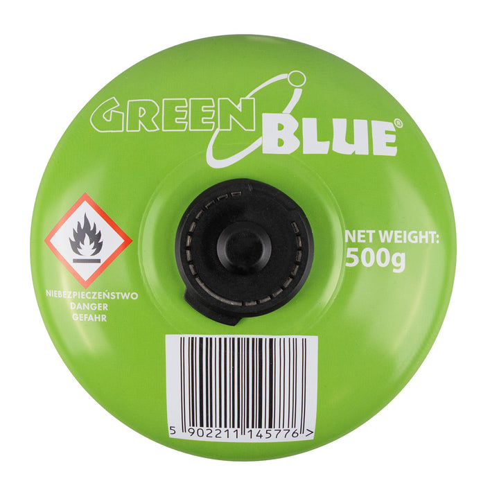24 stuks GreenBlue-gaspatronen van 500 g. Certificaat: Pi 0437, conform EN 417, butaan-propaan, temperatuurbereik -10 °C tot +40 °C, schroefdraadventiel 7/16'' GB499