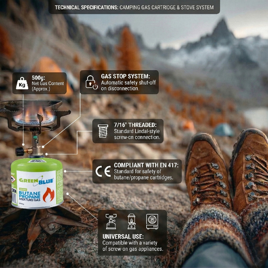 24 stuks GreenBlue-gaspatronen van 500 g. Certificaat: Pi 0437, conform EN 417, butaan-propaan, temperatuurbereik -10 °C tot +40 °C, schroefdraadventiel 7/16'' GB499