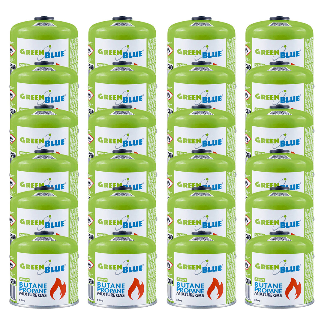 24 stuks GreenBlue-gaspatronen van 500 g. Certificaat: Pi 0437, conform EN 417, butaan-propaan, temperatuurbereik -10 °C tot +40 °C, schroefdraadventiel 7/16'' GB499