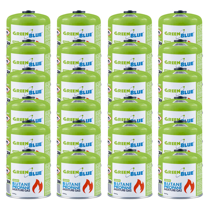 24 stuks GreenBlue-gaspatronen van 500 g. Certificaat: Pi 0437, conform EN 417, butaan-propaan, temperatuurbereik -10 °C tot +40 °C, schroefdraadventiel 7/16'' GB499