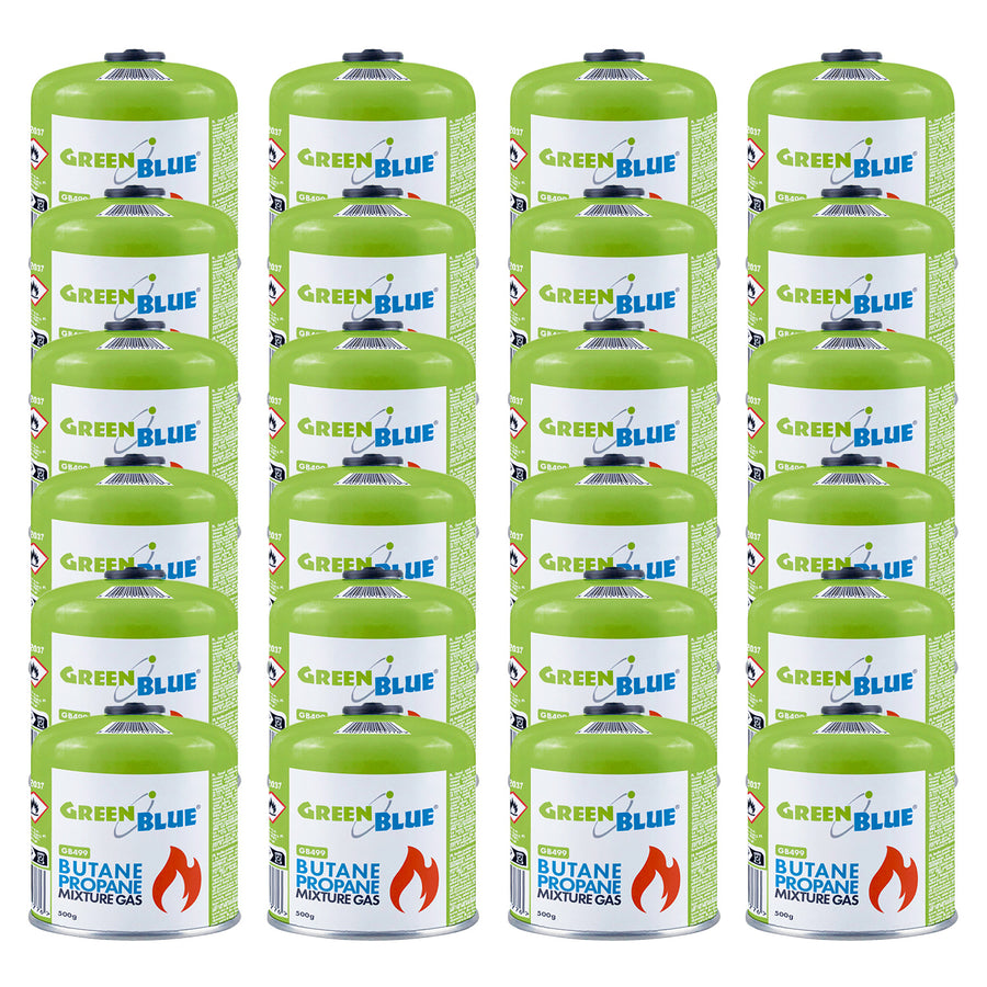 24 stuks GreenBlue-gaspatronen van 500 g. Certificaat: Pi 0437, conform EN 417, butaan-propaan, temperatuurbereik -10 °C tot +40 °C, schroefdraadventiel 7/16'' GB499