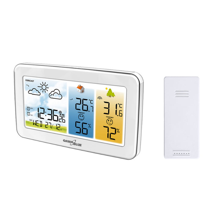 GreenBlue draadloos weerstation, temperatuur + luchtvochtigheid binnen/buiten, klok/alarm/datum, °C / °F, bereik tot 60 m, GB442 W