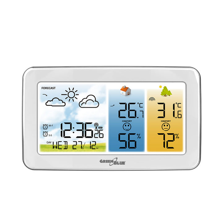 GreenBlue draadloos weerstation, temperatuur + luchtvochtigheid binnen/buiten, klok/alarm/datum, °C / °F, bereik tot 60 m, GB442 W