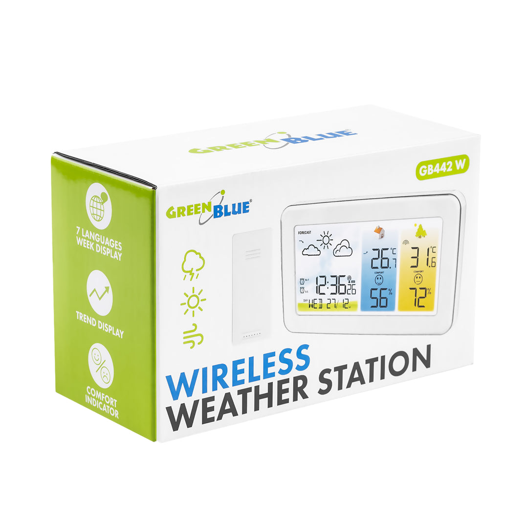 GreenBlue draadloos weerstation, temperatuur + luchtvochtigheid binnen/buiten, klok/alarm/datum, °C / °F, bereik tot 60 m, GB442 W