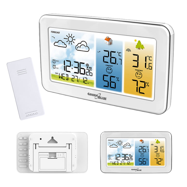 GreenBlue draadloos weerstation, temperatuur + luchtvochtigheid binnen/buiten, klok/alarm/datum, °C / °F, bereik tot 60 m, GB442 W