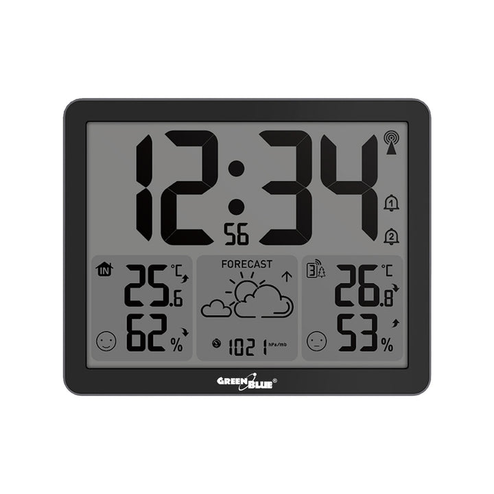GreenBlue draadloos weerstation, temperatuur + luchtvochtigheid IN/OUT, klok/wekker/datum, °C / °F, bereik tot 60 m, GB443 B