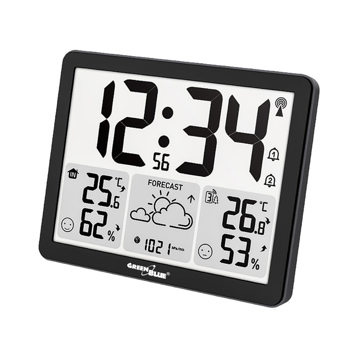 GreenBlue draadloos weerstation, temperatuur + luchtvochtigheid IN/OUT, klok/wekker/datum, °C / °F, bereik tot 60 m, GB443 B