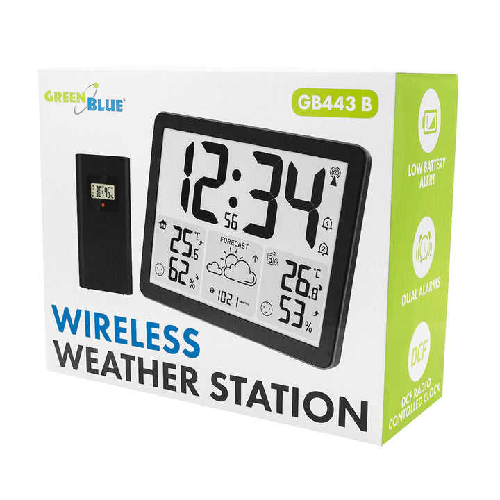 GreenBlue draadloos weerstation, temperatuur + luchtvochtigheid IN/OUT, klok/wekker/datum, °C / °F, bereik tot 60 m, GB443 B