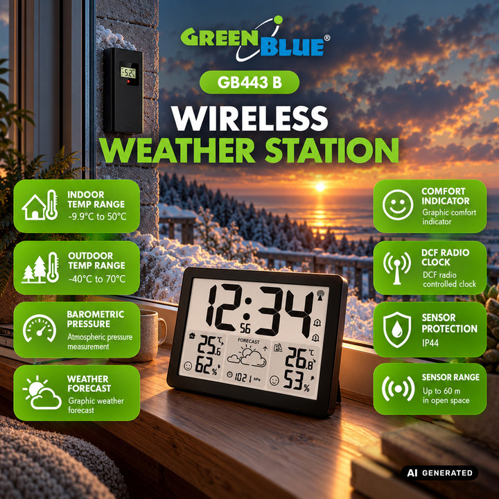GreenBlue draadloos weerstation, temperatuur + luchtvochtigheid IN/OUT, klok/wekker/datum, °C / °F, bereik tot 60 m, GB443 B