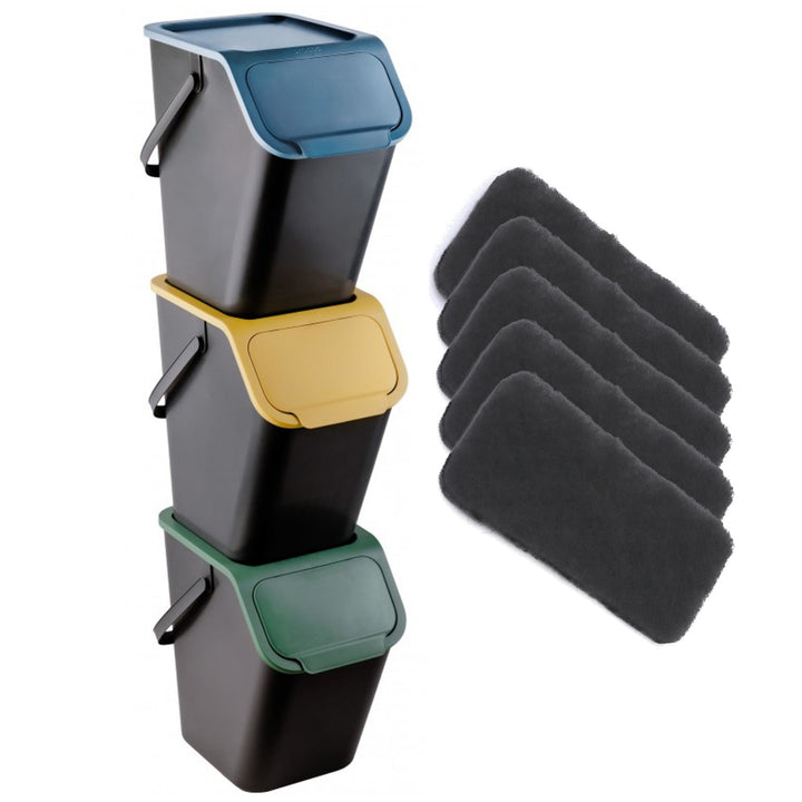 Set van 3 afvalbakken voor afvalscheiding, 25 l, Practic Bini + 5 stuks koolstoffilters