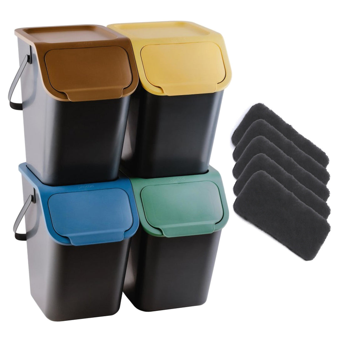 Set van 4 zwarte BINI-afvalscheidingsbakken met gekleurde deksels (geel/groen/blauw/bruin) + 5 stuks koolstoffilters