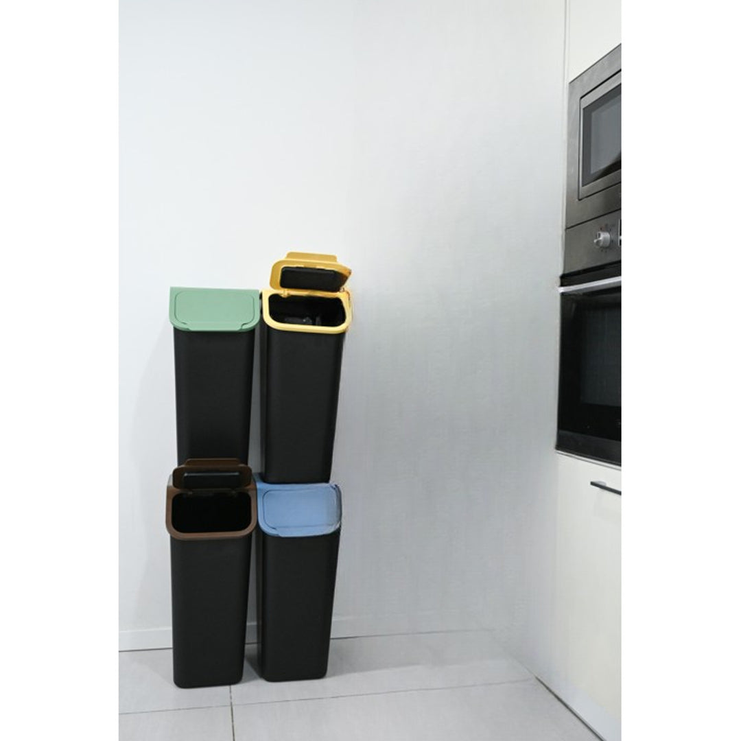 Set van 4 zwarte afvalbakken voor afvalscheiding BINI 4 x 35 l met deksels in blauw/groen/geel/bruin + 5 stuks koolstoffilters