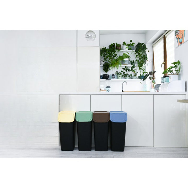 Set van 4 zwarte afvalbakken voor afvalscheiding BINI 4 x 35 l met deksels in blauw/groen/geel/bruin + 5 stuks koolstoffilters