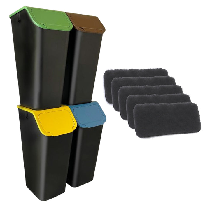 Set van 4 zwarte afvalbakken voor afvalscheiding BINI 4 x 35 l met deksels in blauw/groen/geel/bruin + 5 stuks koolstoffilters