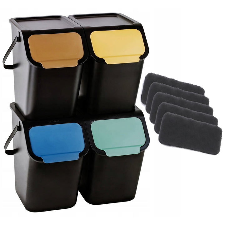 Set van 4 zwarte BINI-bakken van 4 x 25 l, met zwarte deksel, klep in de kleuren: geel, blauw, groen, bruin + 5 stuks koolstoffilters