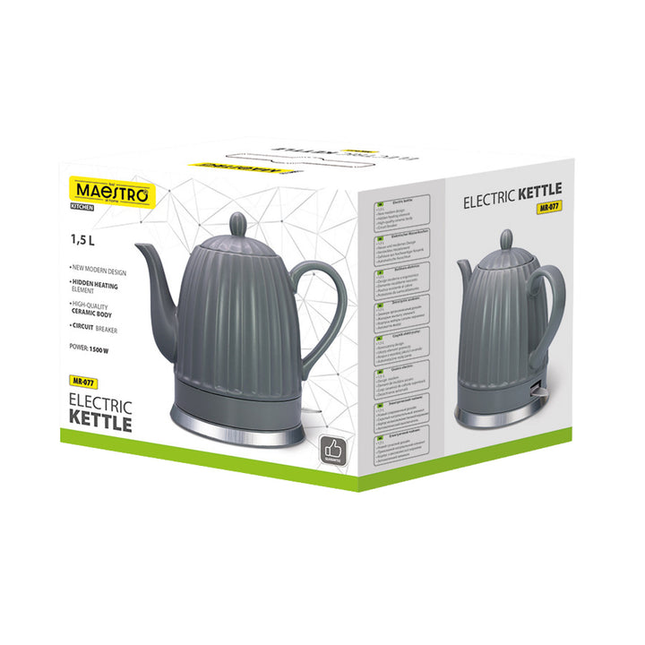 Maestro keramische waterkoker, grijs, vermogen 1500 W, inhoud 1,5 l, draaibare voet, waterpeilindicator, netsnoer van 65 cm, MR-077
