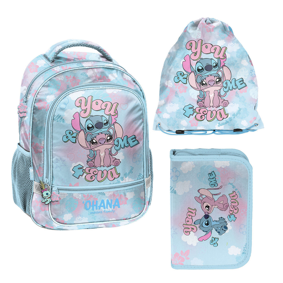 Stitch Paso-schoolset, rugzak met twee vakken, reflecterende elementen en verstevigde rug, etui zonder inhoud en met vakjes voor schrijfgerei, schoenenzak die op de rug kan worden gedragen, DS26WW