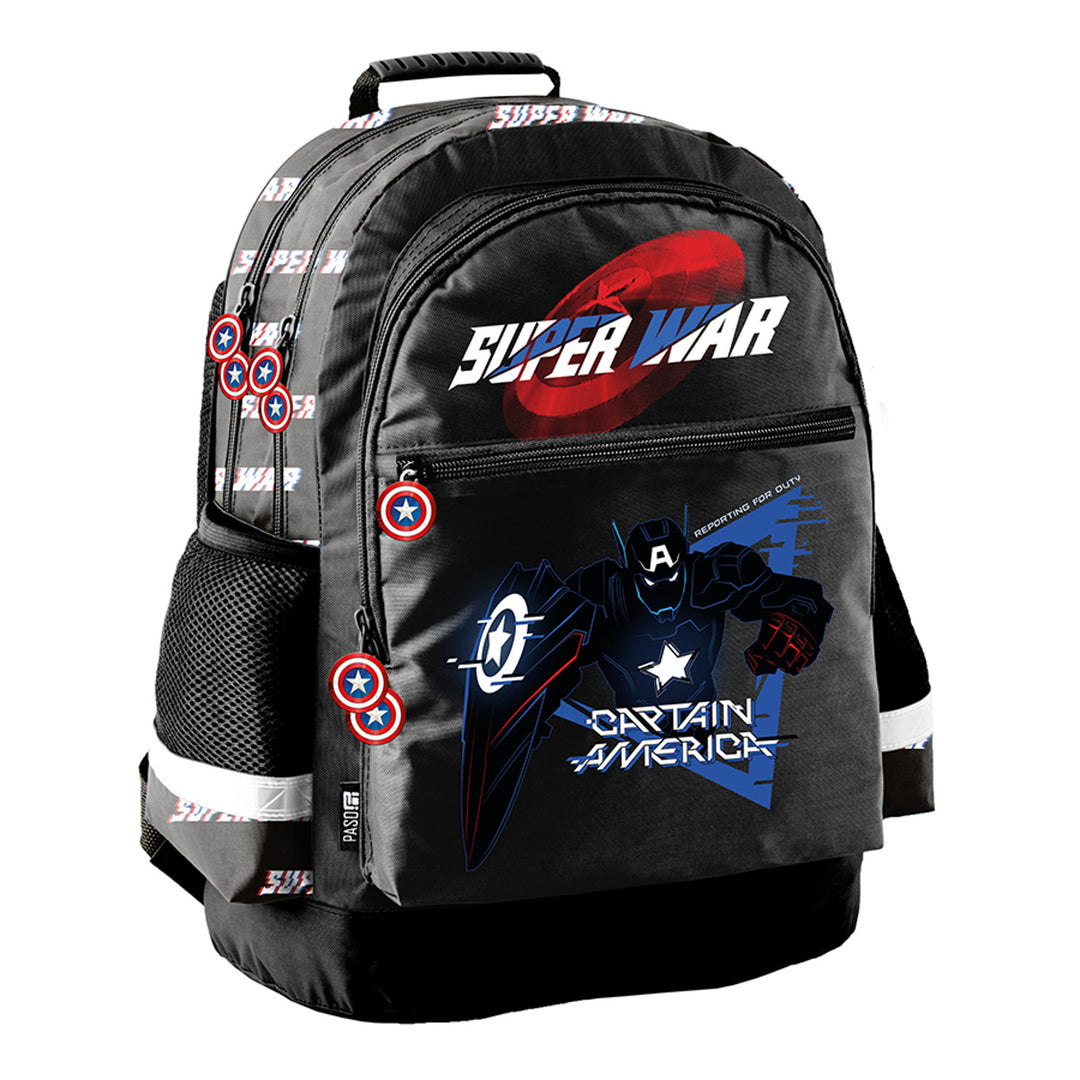 Captain America Paso-schoolset, rugzak met twee vakken, reflecterende elementen en verstevigde rug, etui zonder inhoud en met vakjes voor schrijfgerei, schoenenzak die op de rug kan worden gedragen, AV26KK