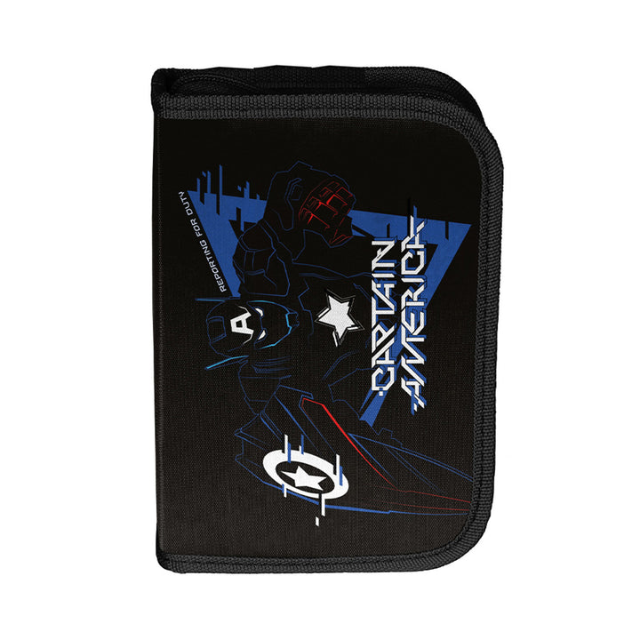 Captain America Paso-schoolset, rugzak met twee vakken, reflecterende elementen en verstevigde rug, etui zonder inhoud en met vakjes voor schrijfgerei, schoenenzak die op de rug kan worden gedragen, AV26KK
