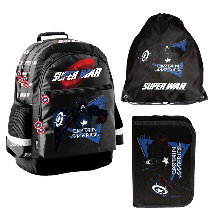 Captain America Paso-schoolset, rugzak met twee vakken, reflecterende elementen en verstevigde rug, etui zonder inhoud en met vakjes voor schrijfgerei, schoenenzak die op de rug kan worden gedragen, AV26KK