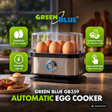 GreenBlue automatische eierkoker, vermogen 200 W, voor maximaal 6 eieren, maatbeker, 220-240 V~, 50/60 Hz, GB359