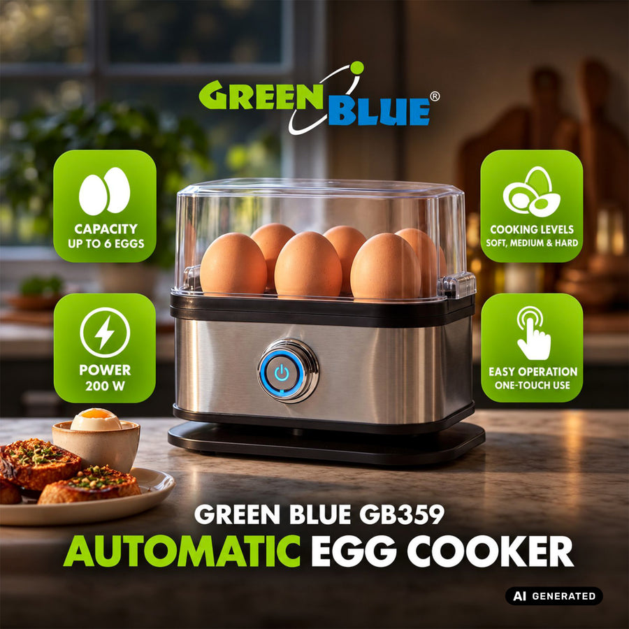 GreenBlue automatische eierkoker, vermogen 200 W, voor maximaal 6 eieren, maatbeker, 220-240 V~, 50/60 Hz, GB359