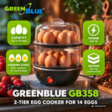 GreenBlue-eierkoker met 2 niveaus voor 14 eieren, vermogen 350 W, geschikt voor maximaal 14 eieren, 220-240 V~, 50/60 Hz, GB358