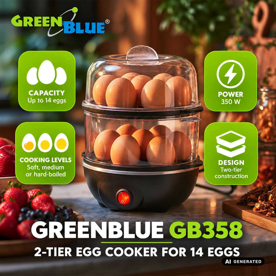 GreenBlue-eierkoker met 2 niveaus voor 14 eieren, vermogen 350 W, geschikt voor maximaal 14 eieren, 220-240 V~, 50/60 Hz, GB358