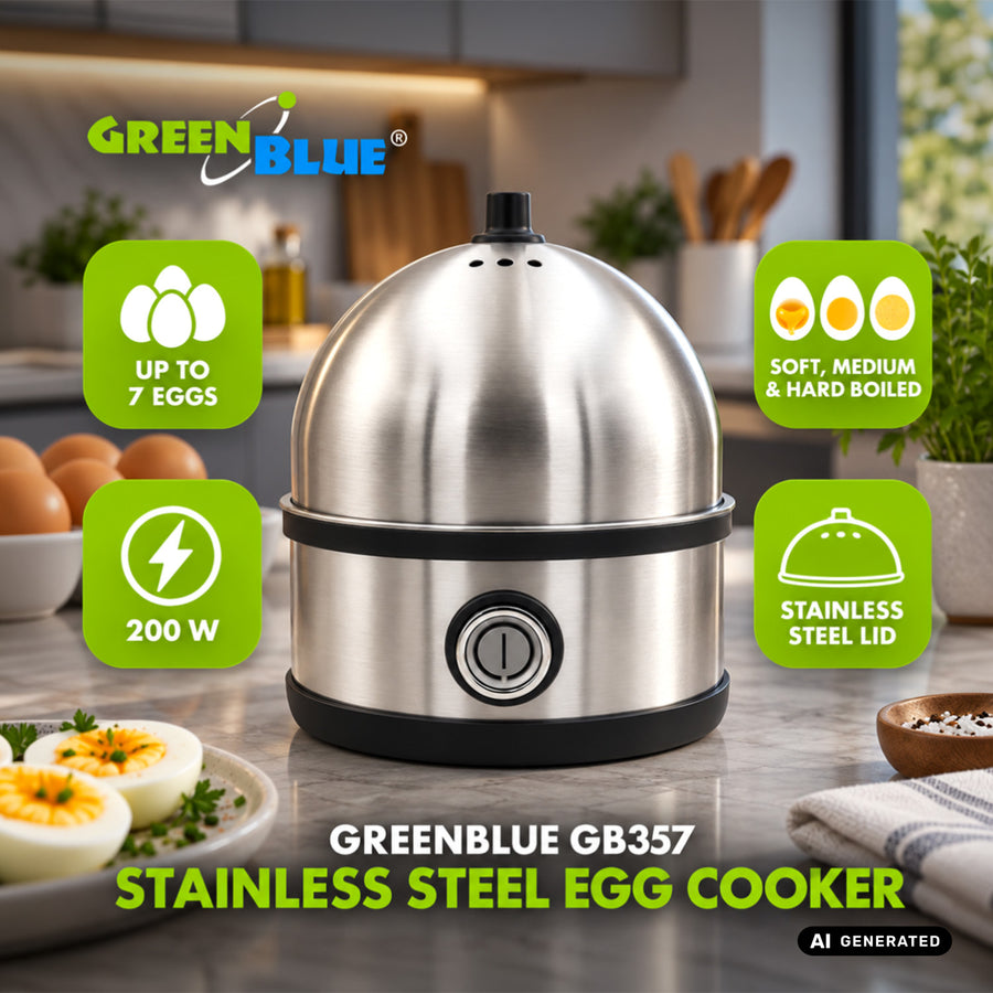 GreenBlue roestvrijstalen eierkoker, vermogen 200 W, voor maximaal 7 eieren, maatbeker, 220-240 V~, 50/60 Hz, GB357