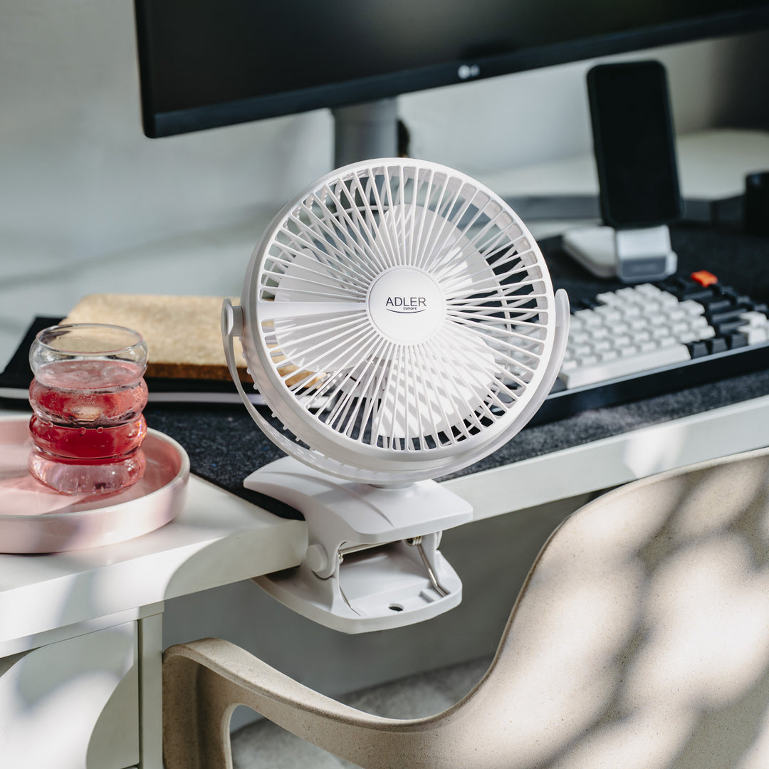 Burea ventilator met klem, oplaadbaar, 15,5 cm, 360° draaibaar, USB-C, Adler